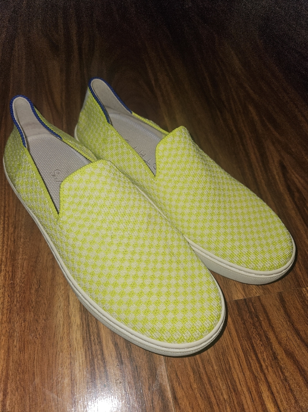Rothy's Neon Green And White Checkered Slip On Sneakers Womens 6.5